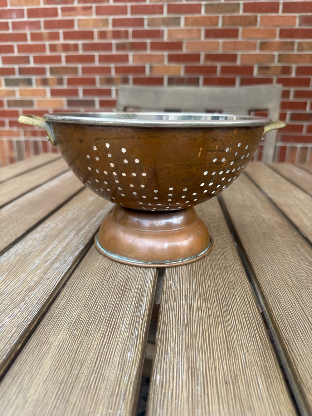 Vintage Solid Copper Colander Stainless Steel Lined Brass Handles Made in Korea